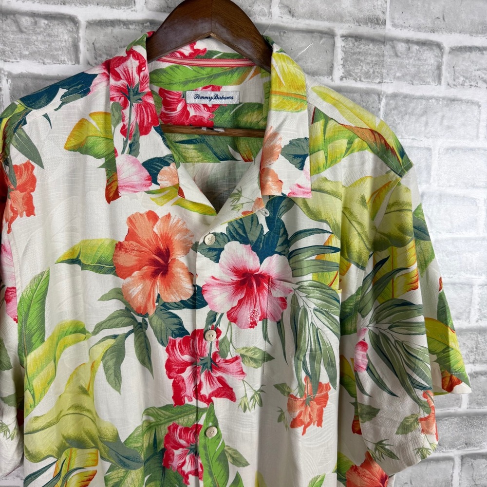 Tommy Bahama Mens XXL Silk Blend Tropical Hibiscus Palm Print Camp Shirt White